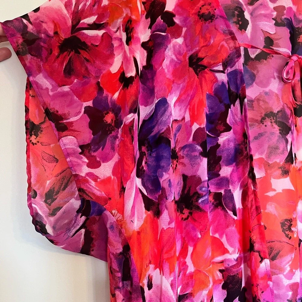 Women's Catalina Kimono Cover Up Chiffon Floral Beach Short Sleeve Fringe Size M